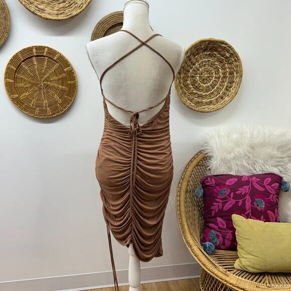 Revolve Majorelle Neutral Brown Strappy Stretch Cinched Janice Mini Dress Large - Picture 5 of 7